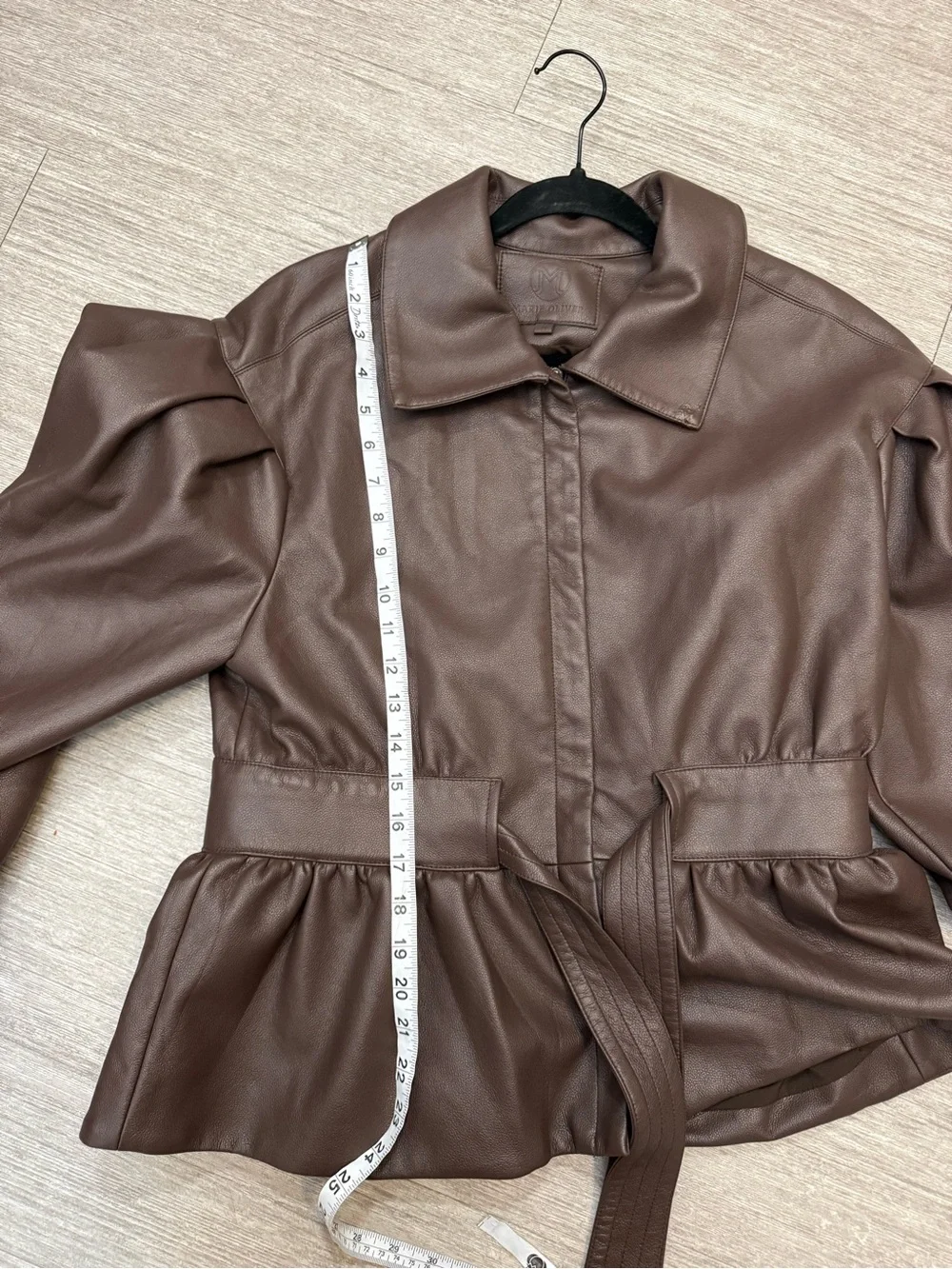 Marie Oliver Brown Faux Leather Peplum Jacket‎ Belted Quiet Luxury Romantic Coat